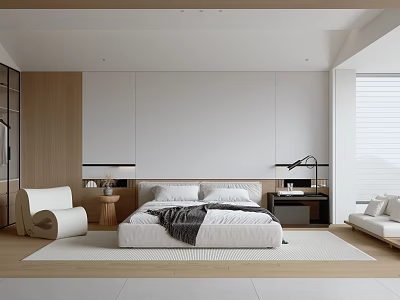 Modern Minimalist Bedroom Interior Design With White Bed Wooden Elements And Window Blinds 3d model