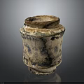 Ancient Ceramic Jar With Weathered Glaze Blue White Patterns Cylindrical Body Sturdy Base Wide Opening