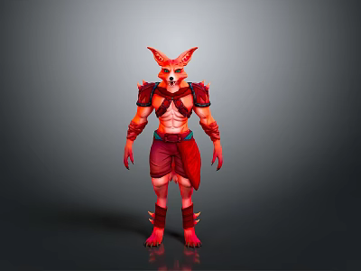 Man In Red Armor With Fox Head Standing Against Gray Background 3d model