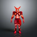 Man In Red Armor With Fox Head Standing Against Gray Background