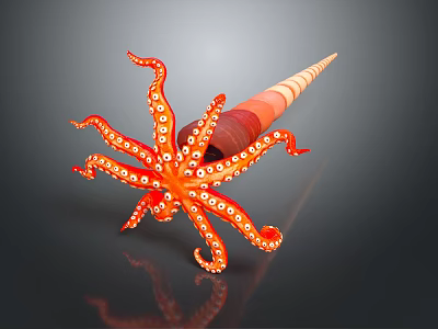 Orange Octopus With White Spotted Tentacles On Conical Spiral Shell 3d model