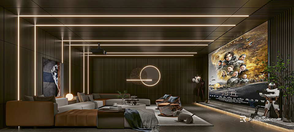 Elegant Modern Home Theater Design with Dark Walls Circular Light Strips Large Screen and Sofas 3d model 