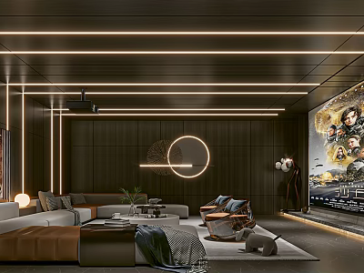 Elegant Modern Home Theater Design with Dark Walls Circular Light Strips Large Screen and Sofas 3d model