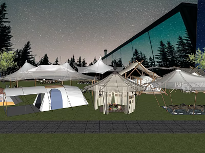 Different Styles of Tents in Scenic Outdoor Campground Under Starry Night With Trees 3d model
