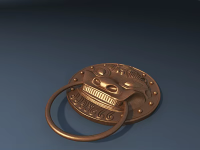 Brass Lion Head Door Knocker With Intricate Carved Patterns On Dark Background 3d model