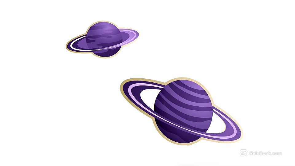 Vibrant Purple Planets With Striped Surfaces And Golden Rings Art Illustration Design 3d model 