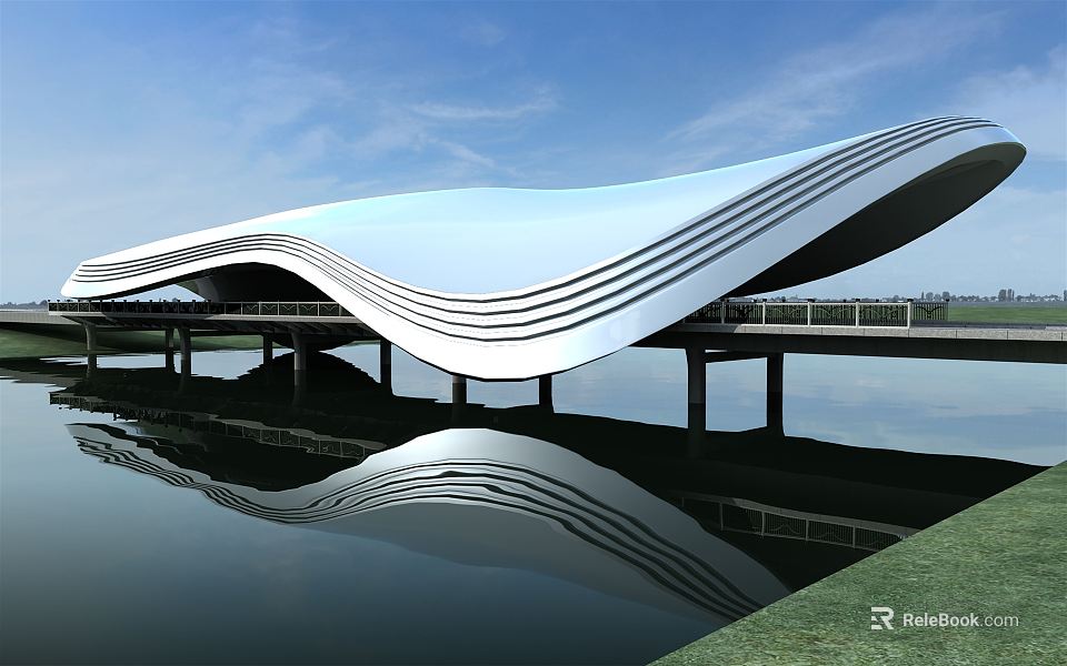 Modern Wavy White Bridge Structure Spanning Calm Water With Clear Reflection Under Blue Sky 3d model 