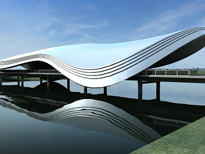 Modern Wavy White Bridge Structure Spanning Calm Water With Clear Reflection Under Blue Sky 3d model