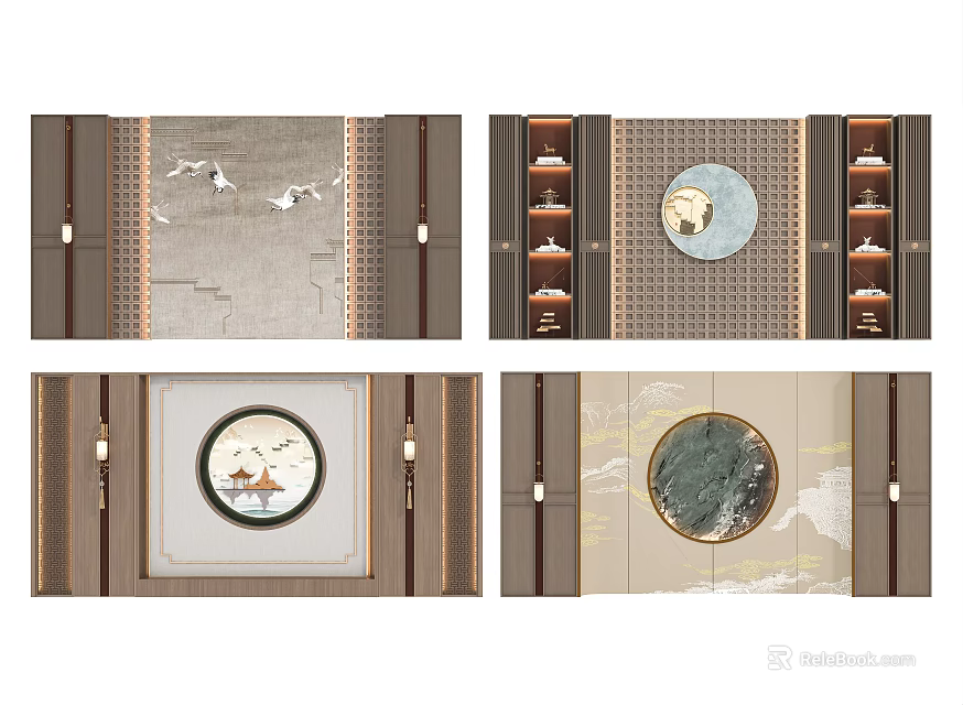 Traditional Chinese Sofa Background Wall With Circular Decor And Wooden Frames 3d model