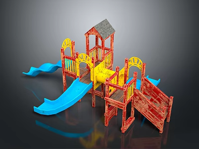 Colorful Kids Playground Structure With Blue Slides Wooden Tower And Yellow Climbing Frame 3d model