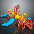 Colorful Kids Playground Structure With Blue Slides Wooden Tower And Yellow Climbing Frame