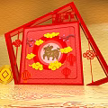 Traditional Chinese New Year Decoration With Red Frame Fu Character Ox Design And Gold Coin