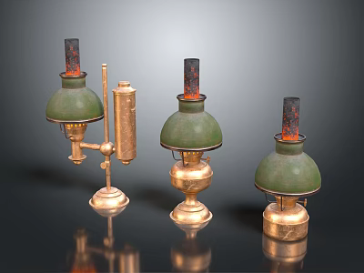 Three Vintage Brass Candle Lamps With Green Shades And Decorative Bases 3d model