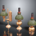 Three Vintage Brass Candle Lamps With Green Shades And Decorative Bases