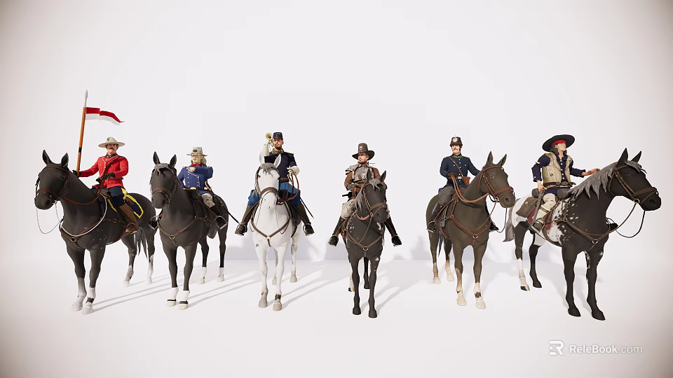 Game And Movie Characters On Horses With Various Costumes And Distinctive Hats Against White Background 3d model 
