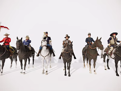 Game And Movie Characters On Horses With Various Costumes And Distinctive Hats Against White Background 3d model