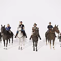 Game And Movie Characters On Horses With Various Costumes And Distinctive Hats Against White Background