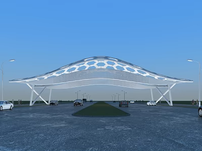 Modern Entrance Gate with Unique Curved Roof and Perforated Design in Parking Area 3d model