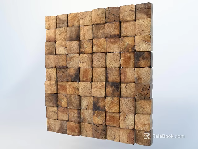 Rustic Textured Wooden Wall Design With Natural Wood Blocks And Warm Tones 3d model 