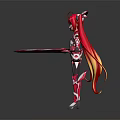 Anime Style Female Character with Red Hair Orange Gradient Horns Red White Battle Outfit Sword