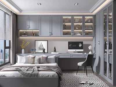 Modern Tatami Bedroom Interior With Gray Storage Cabinets Desk And Chair 3d model