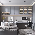 Modern Tatami Bedroom Interior With Gray Storage Cabinets Desk And Chair