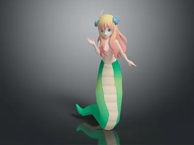 Game Movie Character Mermaid With Long Blonde Pink Hair Blue Accessories And Green White Tail 3d model