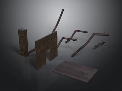 Modern Kitchen Scene Components With Wooden Cabinets Planks And Supports 3d model