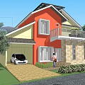 Detached Villa With Orange Yellow Exterior Garage White Car Brick Driveway And Green Lawn