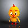 Cute Yellow Chick With Red Comb Big Eyes And Red Feet On Grey Background