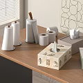 Wooden Table Top With Various Tissue Products Paper Towels And Decorative Boxes