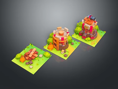 Isometric 3D Low Poly Structure Models With Green Grass And Trees Elements 3d model