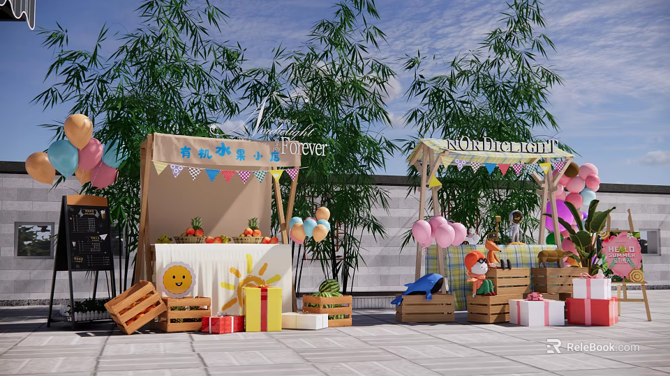 Outdoor Stalls With Colorful Bunting Balloons Fruits Gift Boxes And Wooden Crates 3d model 