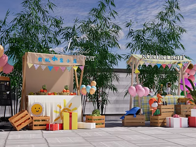 Outdoor Stalls With Colorful Bunting Balloons Fruits Gift Boxes And Wooden Crates 3d model