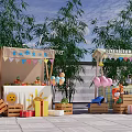 Outdoor Stalls With Colorful Bunting Balloons Fruits Gift Boxes And Wooden Crates