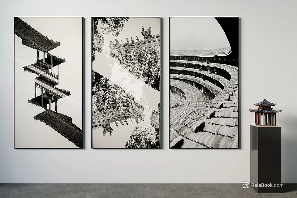 Black And White Landscape Painting Of Traditional Chinese Architecture Rooftop Eaves As Wall Art 3d model 