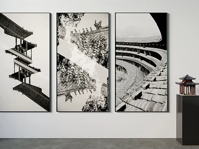 Black And White Landscape Painting Of Traditional Chinese Architecture Rooftop Eaves As Wall Art 3d model