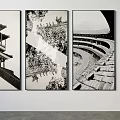 Black And White Landscape Painting Of Traditional Chinese Architecture Rooftop Eaves As Wall Art