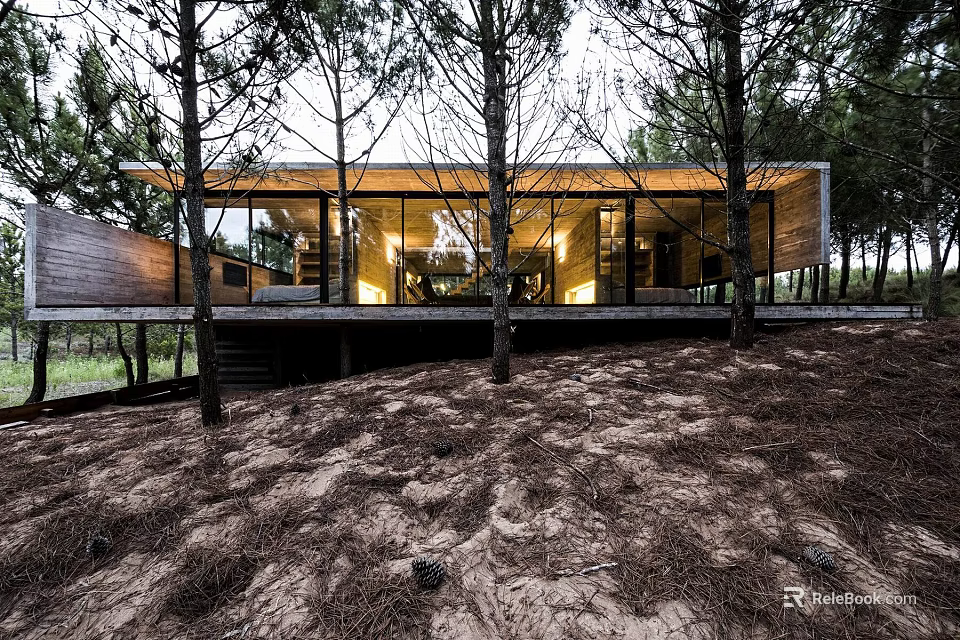 Modern Detached Villa Featuring Glass Facade Wooden Structure And Tree Surrounded Design 3d model 