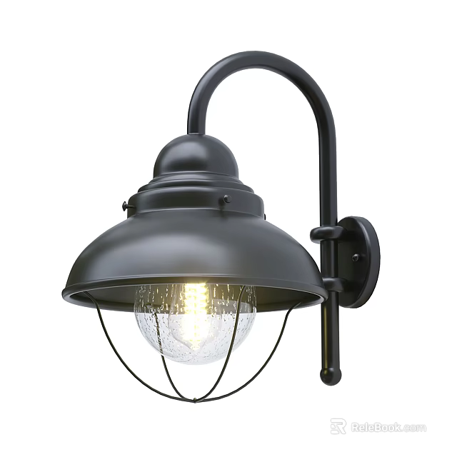 Stylish Black Wall Light With Curved Arm Domed Shade And Clear Glass Globe Illuminated Bulb 3d model 