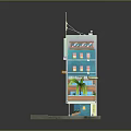 Colorful Multi Story Building 3D Model with Exterior Balconies and Palm Tree