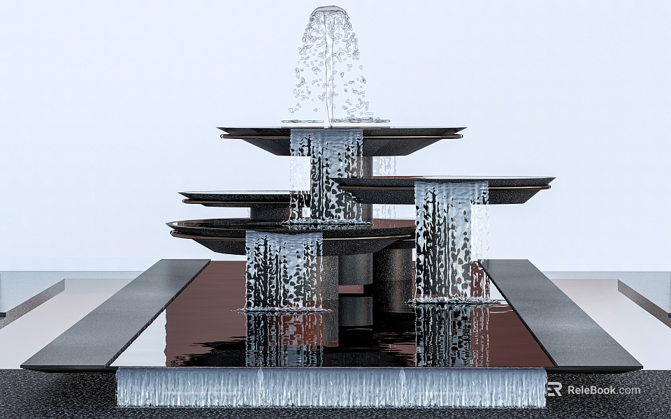 Tiered Fountain With Cascading Water Streams And Reflective Pool Base Design 3d model 