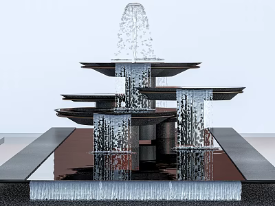 Tiered Fountain With Cascading Water Streams And Reflective Pool Base Design 3d model