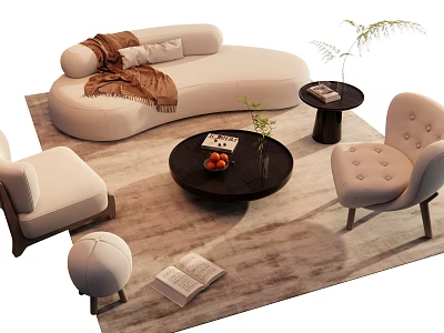 Modern Curved Beige Sofa and Coffee Table Set with Armchairs Plants Books and Rug 3d model