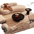Modern Curved Beige Sofa and Coffee Table Set with Armchairs Plants Books and Rug