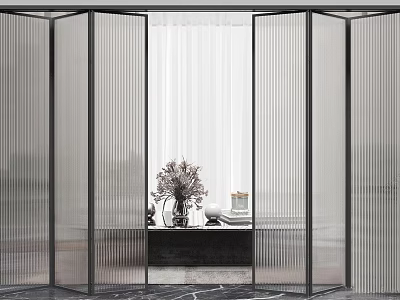 Modern Ribbed Glass Folding Door With Black Frame For Living Area Interior Partition 3d model
