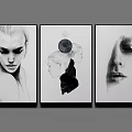Three Black And White Portrait Paintings With Female Faces Moon And Silhouette Design
