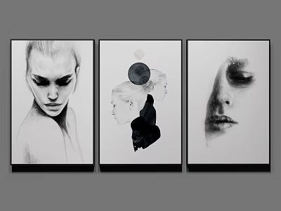 Three Black And White Portrait Paintings With Female Faces Moon And Silhouette Design 3d model