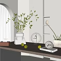 Modern Minimalist Decorative Ornament Set With Green Plants White Pots Circular Ornament Clock And Lemons