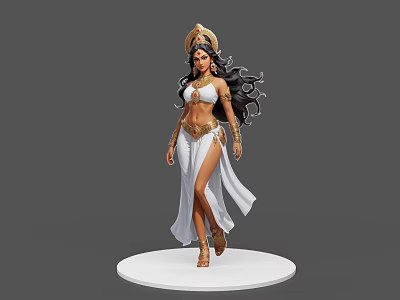 Game And Movie Character Female With Long Black Hair Golden Headdress White Dress And Gold Accessories 3d model